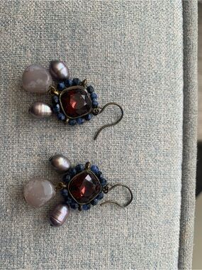 Vintage Gerard Yosca Dangle Earrings with Wine-Colored Gems and Lavender Pearls